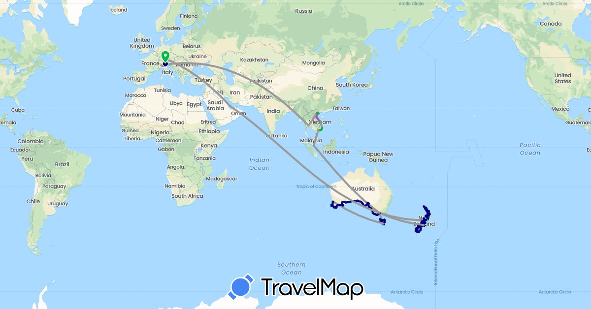 TravelMap itinerary: driving, bus, plane, cycling, train, hiking, boat, motorbike in Australia, Germany, Italy, New Zealand, Qatar, Singapore, Thailand, Vietnam (Asia, Europe, Oceania)